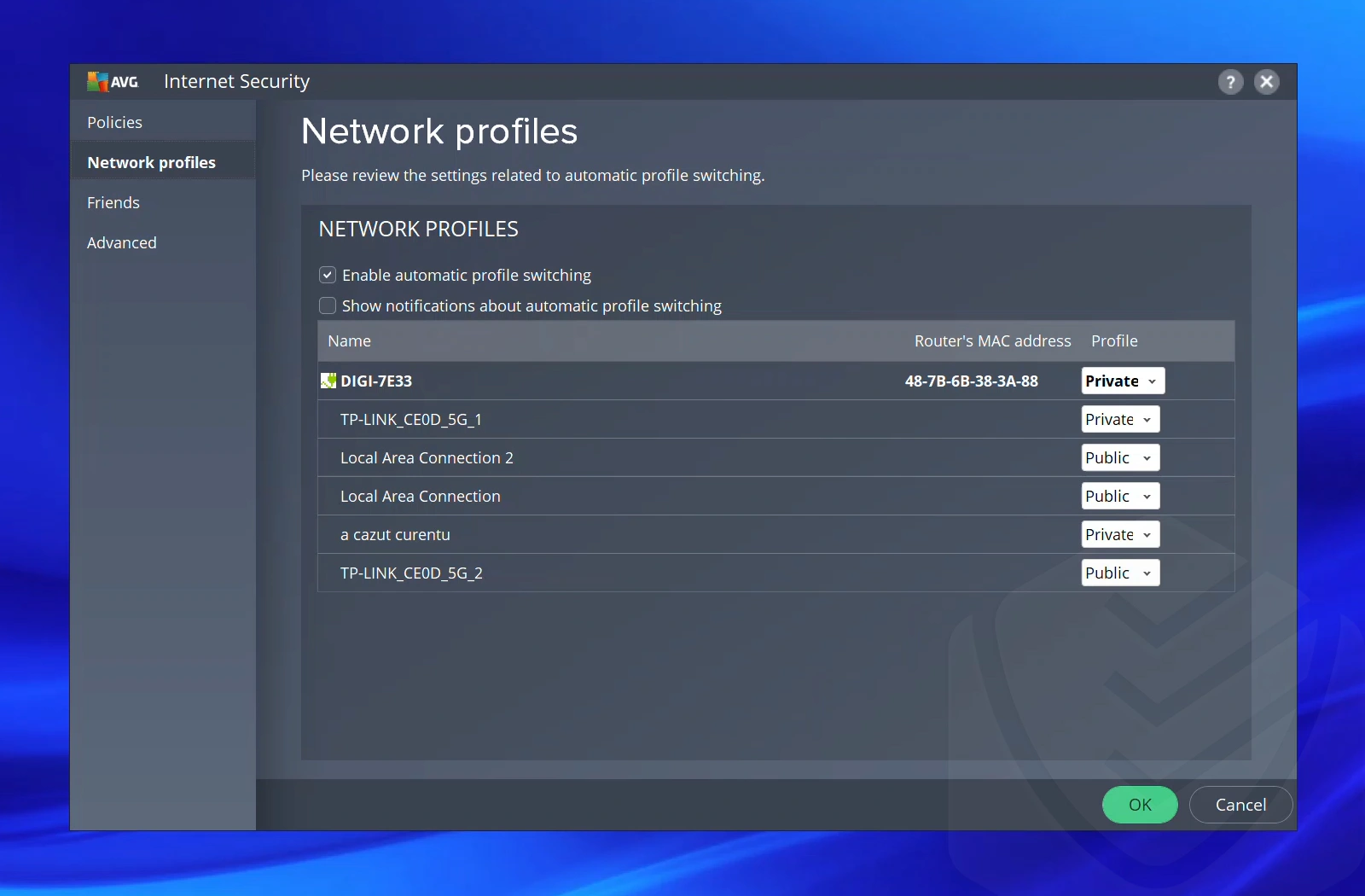 Changing the network profiles